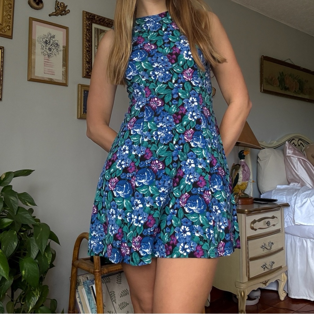 Vintage Fashion Bug Floral Blue and Purple Minidress